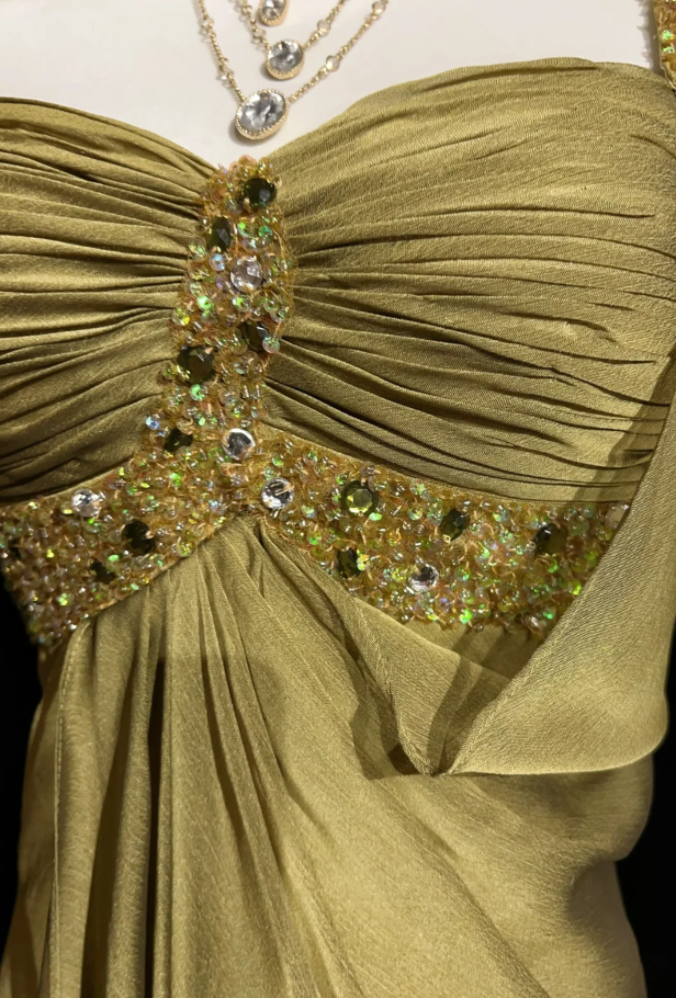 Elegant Turmeric One Shoulder Chiffon Beaded Mermaid Long Evening Dress Formal Wedding Guest Dress SP1964