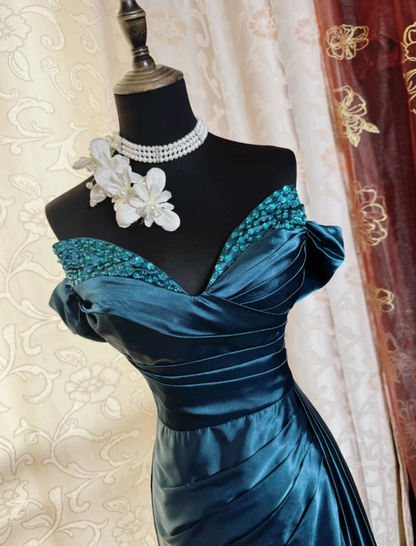 Gorgeous Navy Blue Off The Shoulder Satin Beaded Mermaid Long Evening Dress Formal Birthday Prom Dress SP1886