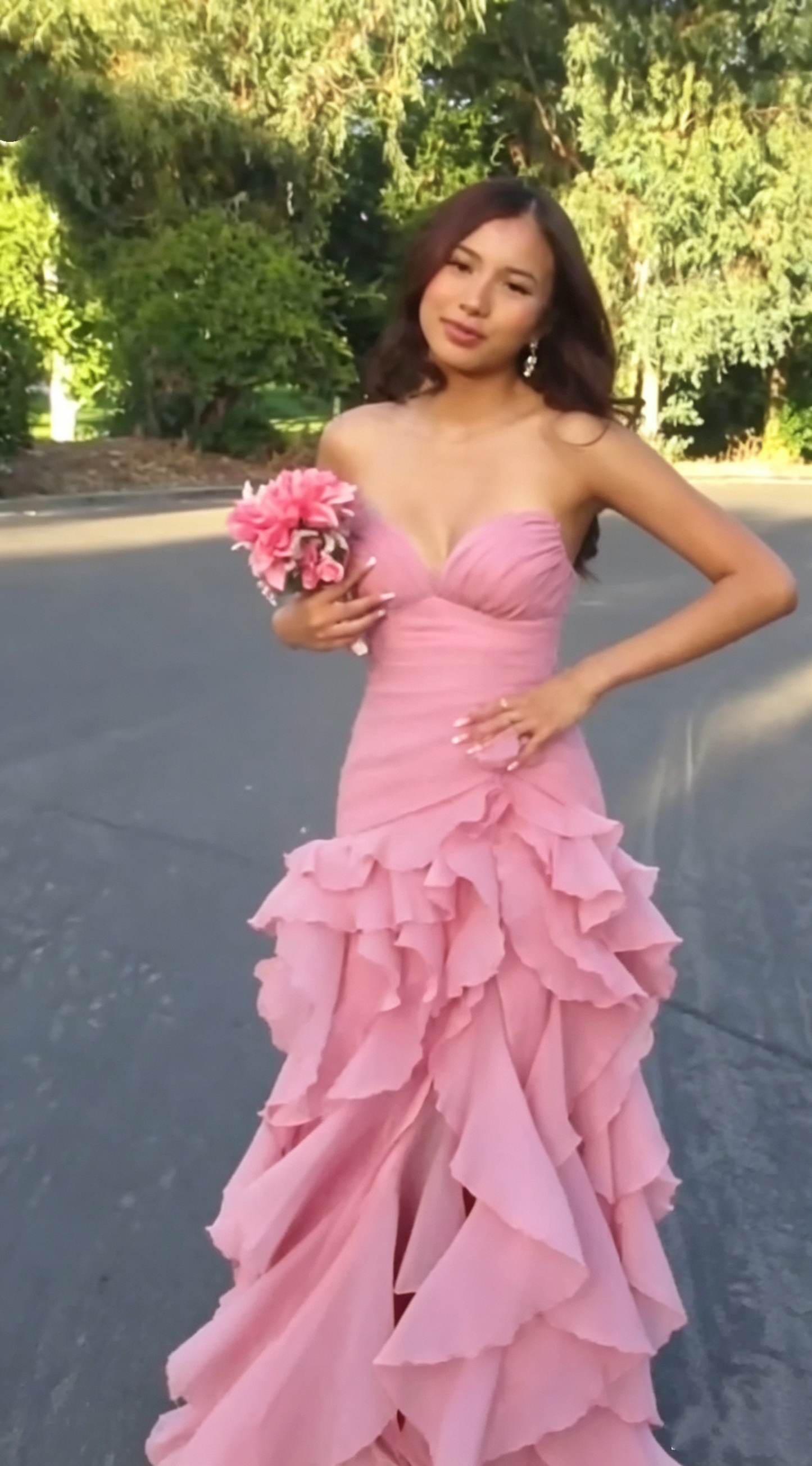 Elegant Pink Strapless Chiffon Ruffled Slit Mermaid Long Party Dress Birthday Prom Dress SP3651