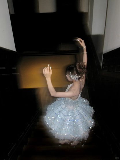 Glitter Blue Strapless Tulle Sequin Beaded A Line Princess Birthday Outfits Short 8th Homecoming Dress Y9210