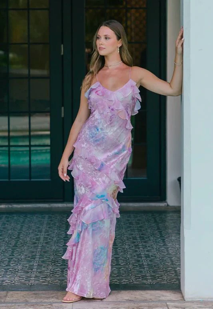 Romantic Spaghetti Straps V Neck Chiffon Print Prom Dress,Charming Evening Dress Y2306