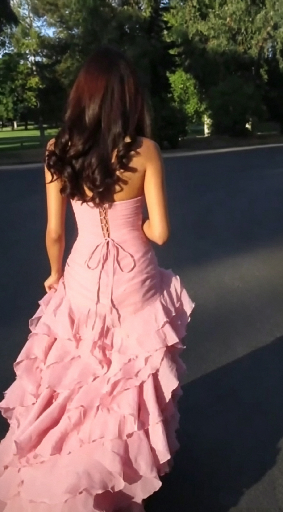 Elegant Pink Strapless Chiffon Ruffled Slit Mermaid Long Party Dress Birthday Prom Dress SP3651