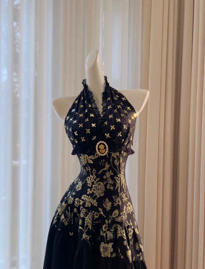 Elegant Black Halter Satin Print Floral Sequins Evening Dress,Long ALine Prom Dress Y8568