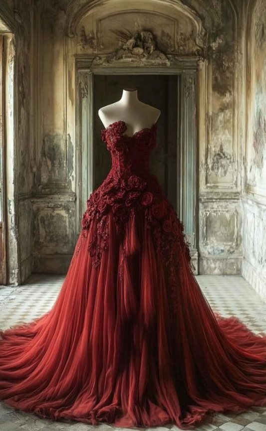 Elegant Burgundy Tulle Appliques 3D Rose Flowers Evening Dress,Long Formal Prom Dress Y8375