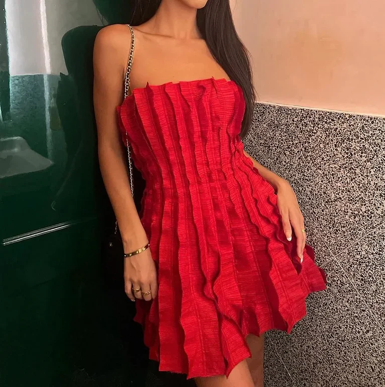 Strapless Red Ruffles A Line Homecoming Dress Mini Prom Dress Y8004