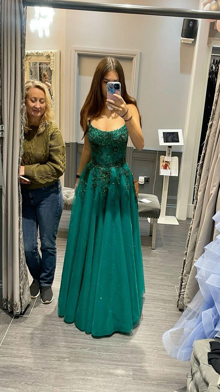 Fashion Green Tulle Appliques Long Party Dress Spaghetti Straps Long Wedding Guest Dress SP4253