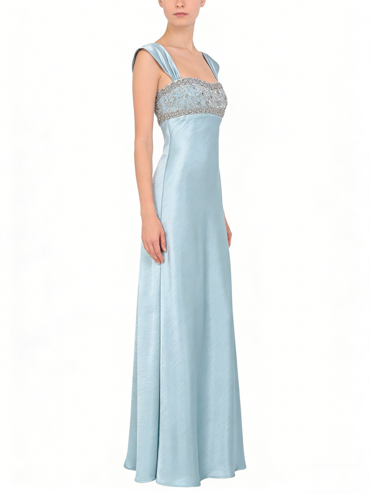 Classy Blue Satin Beaded Long Party Dress Formal Evening Dress SP2054
