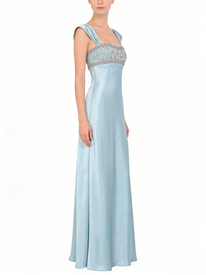 Classy Blue Satin Beaded Long Party Dress Formal Evening Dress SP2054
