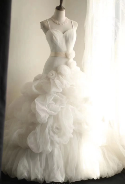 Charming Spaghetti Straps White Tulle Pleated Mermaid Long Wedding Dress Bridal Dress SP1212