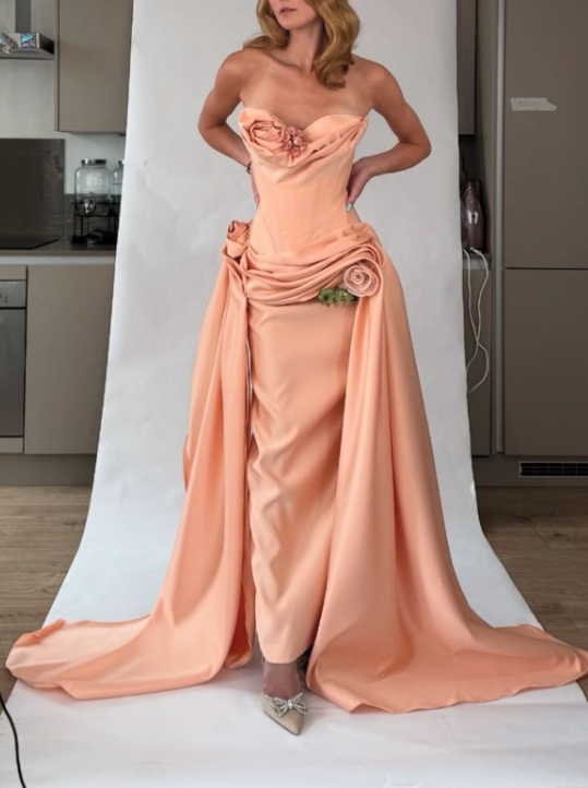 Elegant Strapless Satin Pleated Mermaid Prom Gown Long Evening Gown With 3D Flowers SP796