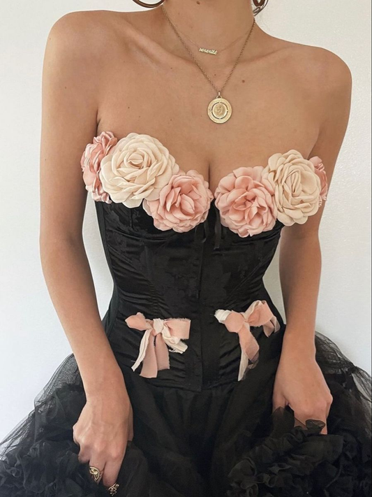 Unique Strapless Black 3D Flowers Satin Tulle Short 19th Birthday Outfits Homecoming Dress Y9983