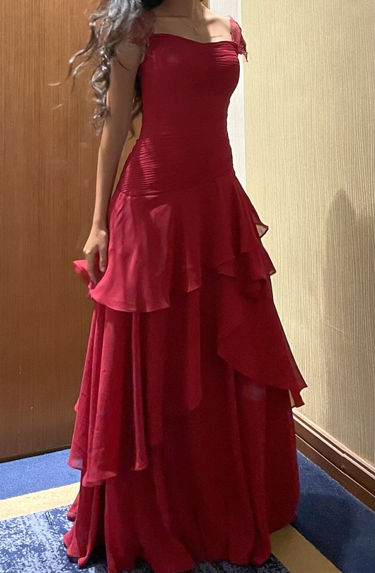 Pretty Chiffon Pleated Layered Long Wedding Guest Dress Rose Red Party Dress Prom Gowns SP2210