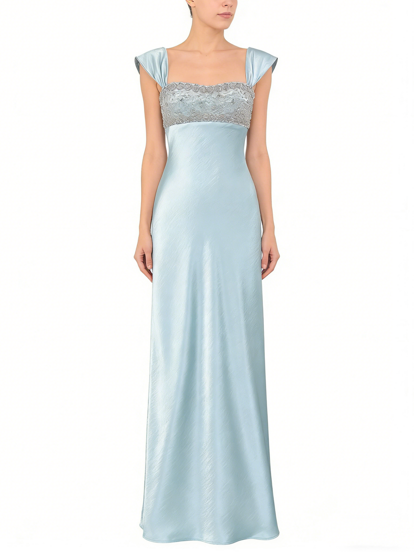 Classy Blue Satin Beaded Long Party Dress Formal Evening Dress SP2054