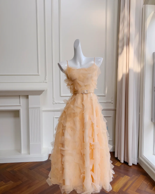 Chic Orange Spaghetti Straps Tulle A Line Party Dress,Midi Prom Evening Dress Y8573