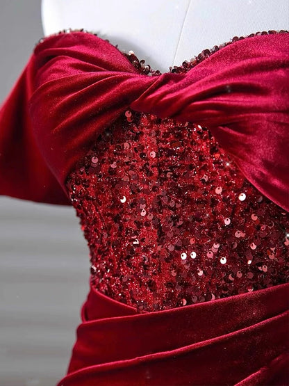 Charming Burgundy Velvet Mermaid Prom Dress Y6602