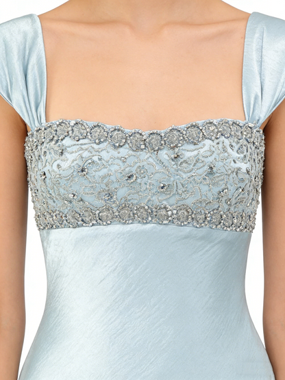 Classy Blue Satin Beaded Long Party Dress Formal Evening Dress SP2054