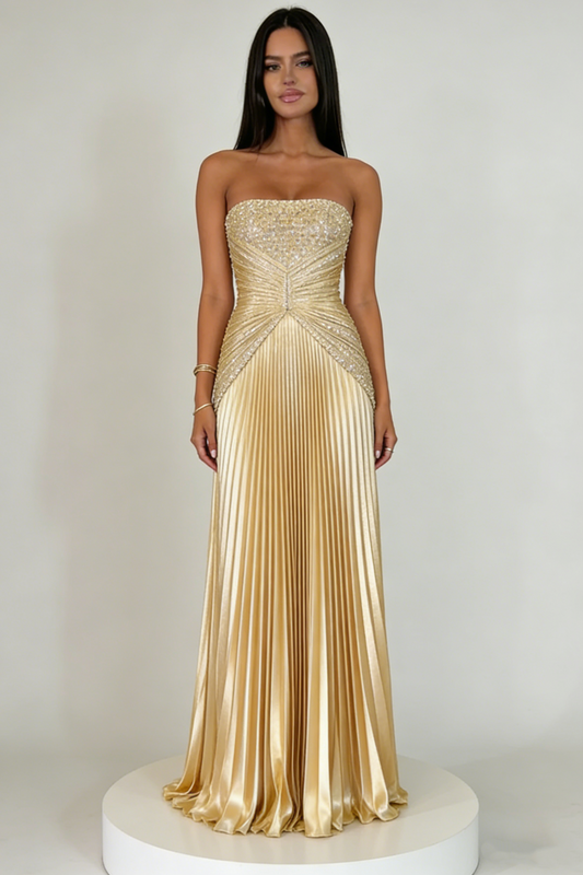 Fashion Strapless Gold Satin Pleated Beaded Long Party Dress Prom Dress SP2044