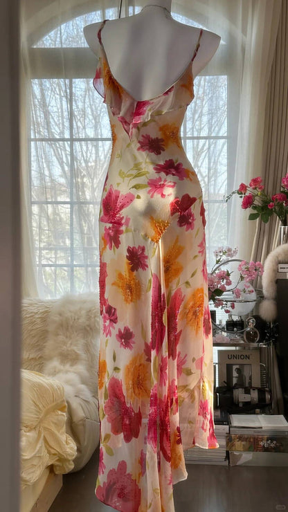 Beautiful Spaghetti Straps Chiffon Print Floral Mermaid Evening Dress Formal Party Gown Y8915