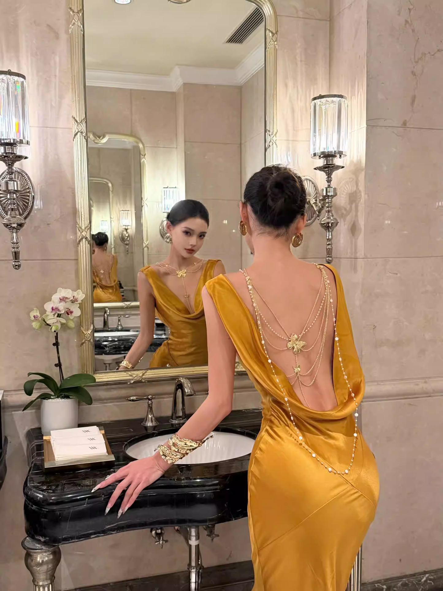 Stylish Gold Satin Mermaid Backless Long Evening Dress Formal 20th Birthday Outfits SP2030