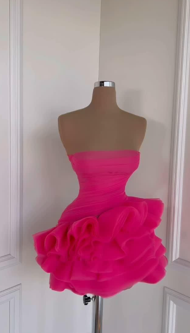 Hot Pink Strapless Pleated Sheath Sexy Cocktail Dress Short Graduation Homecoming Dress Y9457