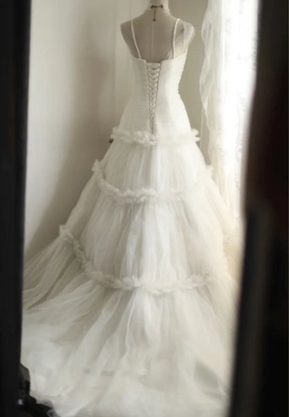 Pretty Spaghetti Straps White Tulle Long Wedding Dress With 3D Flowers SP751