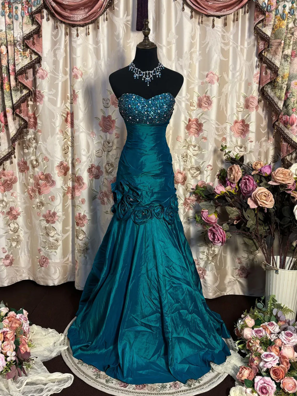 Vintage Blue Strapless Sequin Satin Pleated 3D Flowers Mermaid Long Evening Dress Formal Prom Dresses SP1385