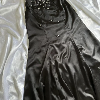 Stylish Black Satin Beaded Mermaid Long Evening Dress Birthday Party Dress Y9771