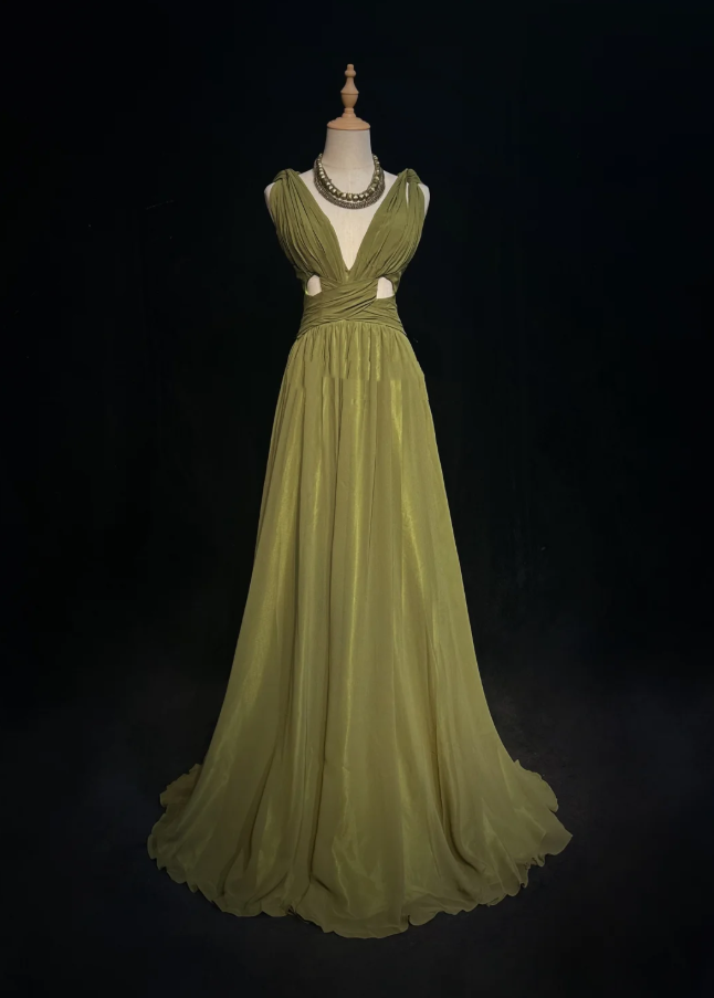 Vintage Olive Green Olive Green V Neck Chiffon Pleated Long Evening Dress Birthday Dress SP1958
