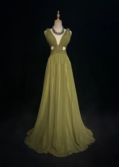 Vintage Olive Green Olive Green V Neck Chiffon Pleated Long Evening Dress Birthday Dress SP1958