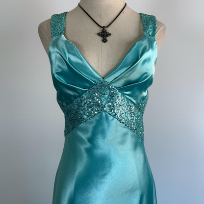 Blue V Neck Satin Sequin Formal Prom Dress Backless Evening Dress Y8548