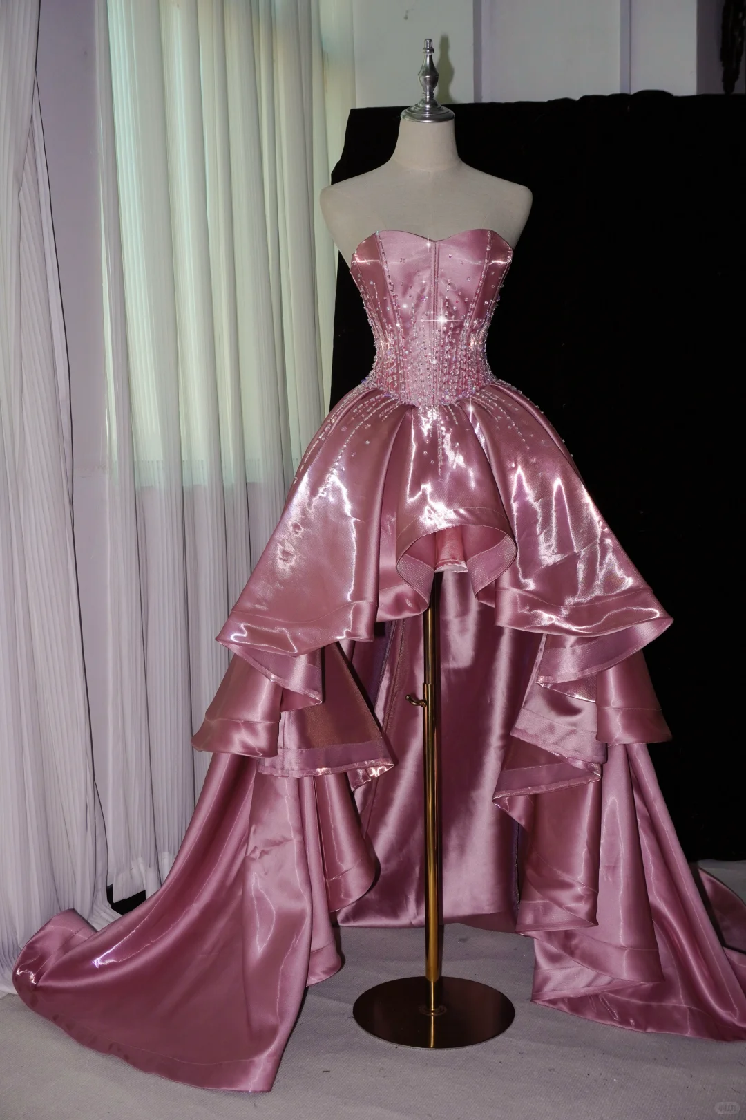 Charming Pink Satin Beaded Hi-Low Long Party Dress Birthday Dress SP2065