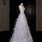 Glamorous V Neck Tulle Beaded Feathers A Line Prom Dress Evening Dress Y8682
