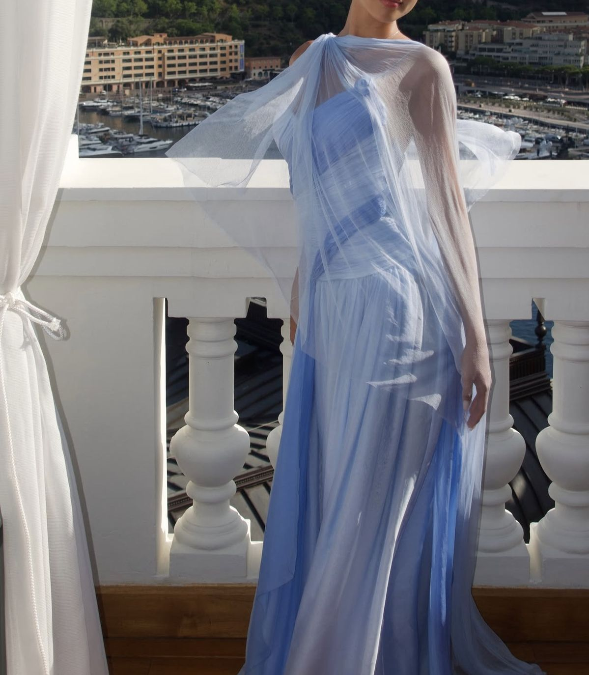 Classy Spaghetti Straps V Neck Blue Chiffon Mermaid Party Dress Long Wedding Guest Dress SP969