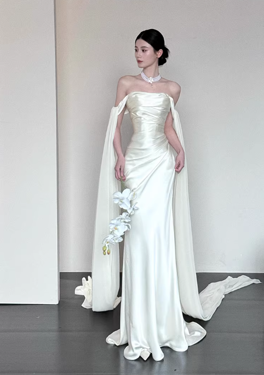 Glamorous Off The Shoulder Satin Chiffon Mermaid Long Evening Dress White Birthday Prom Dress SP2021