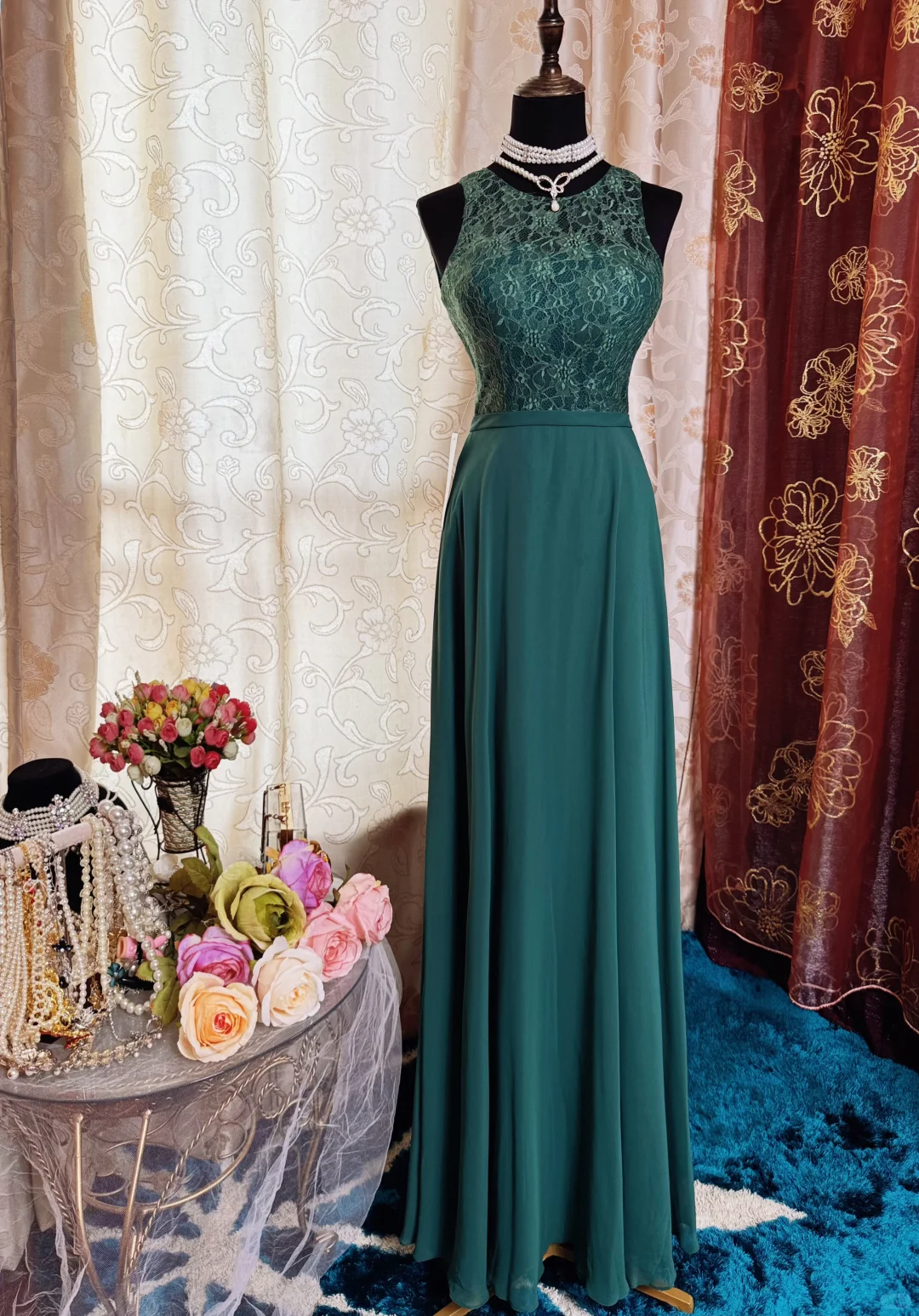 Vintage Green Sleeveless Lace Chiffon A Line Long Evening Dress Formal Wedding Guest Dress SP2385