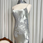 Charming Spaghetti Straps Silver Satin Lace Party Dress Retro Mermaid Prom Dress With Ribbon SP629