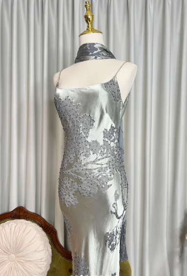 Charming Spaghetti Straps Silver Satin Lace Party Dress Retro Mermaid Prom Dress With Ribbon SP629