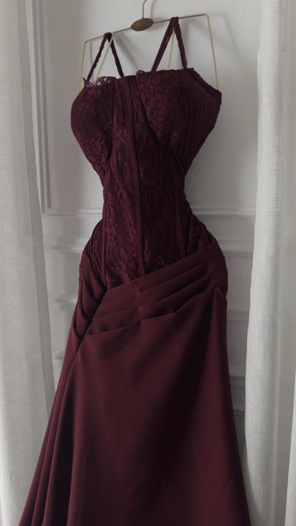 Charming Burgundy Spaghetti Straps Satin Pleated Mermaid Long Wedding Guest Dress Evening Dress SP1332