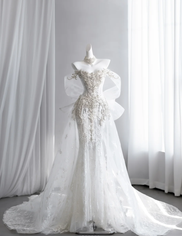 Classy Off The Shoulder White Tulle Beaded Lace Appliques Mermaid Long Wedding Dress Formal Bridal Dress SP1516