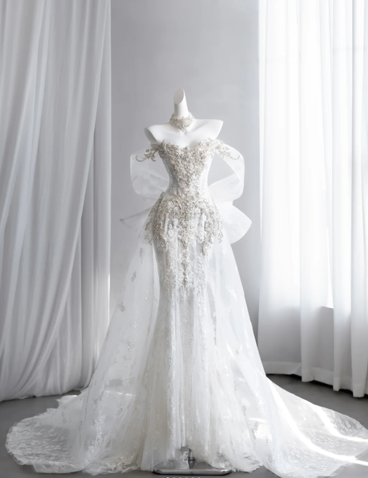 Classy Off The Shoulder White Tulle Beaded Lace Appliques Mermaid Long Wedding Dress Formal Bridal Dress SP1516