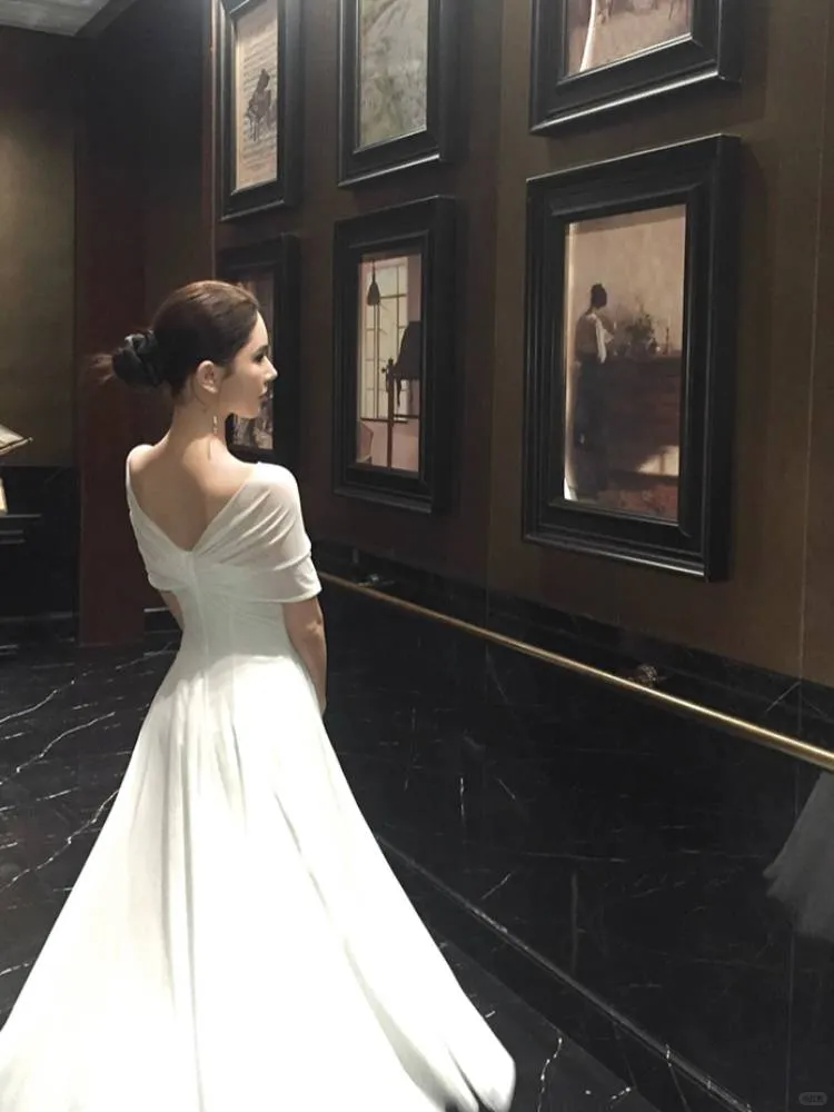 Elegant White Off The Shoulder Chiffon A Line Long Birthday Dress Evening Dress SP2295