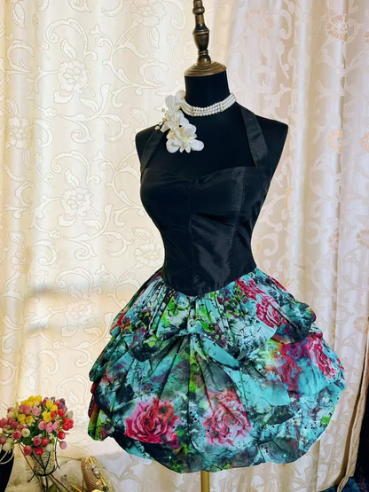 Chic Black Halter Satin Chiffon Print Floral A Line Short Graduation Homecoming Dress Cocktail Dress SP2195