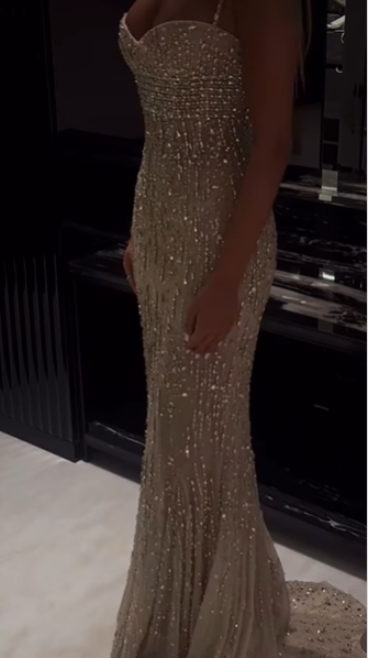 Gorgeous Champagne Spaghetti Straps Sequin Beaded Mermaid Evening Dress Prom Dresses SP795