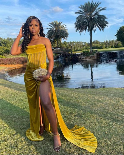 Gold Draping Corset High Slit Velvet Gown,Gold Evening Dress Y5342 Simplepromdress Gold Draping Corset High Slit Velvet Gown,Gold Evening Dress Y5342 Simplepromdress