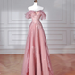Sweet Pink Tulle Sequins Beaded A Line Prom Dress,Off The Shoulder Long Evening Dress Y8643