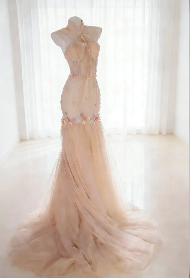 Elegant Sleeveless Tulle Appliques Mermaid Long Prom Dress Evening Gown SP1838