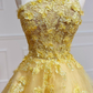 Unique One Shoulder 3D Appliques Yellow Prom Dress Y6075