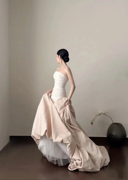 Elegant White Pink Long Satin Tulle Mermaid Long Wedding Dress SP405