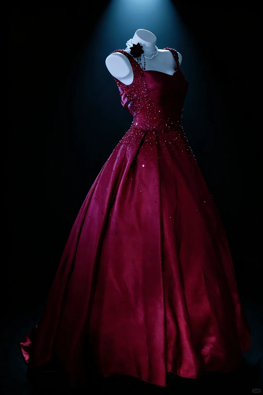 Gorgeous Spaghetti Straps Satin Beaded Ball Gown Burgundy Long Party Dress Birthday Dress SP2039