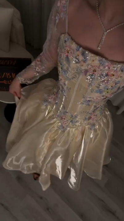 Classy Light Champagne Tulle Beaded Floral A Line Long Wedding Guest Dress Formal Evening Dress Birthday Dress SP2269